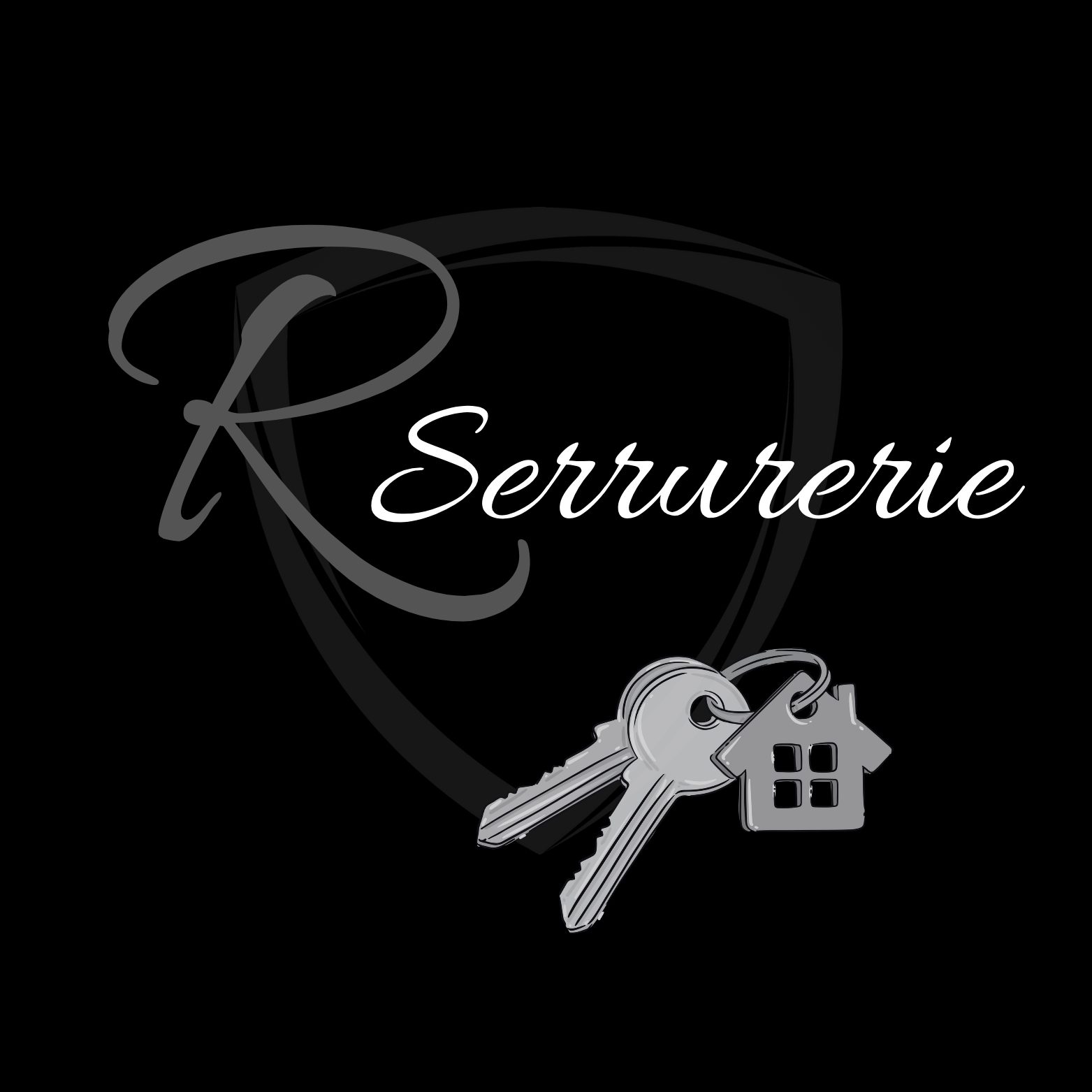 logo R serrurerie, clés, maison, violet noir blanc 